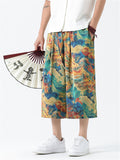 Men's Chinese Style Ancient Dragon & Crane Print Cropped Pants