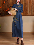 Women's Elegant High-Rise Side Slit Blue Denim Embroidery Qipao