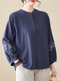 Women's Ethnic Embroideried Lantern Sleeve Stand Collor Button Linen Shirt