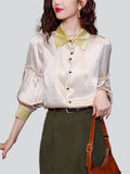 Ladies Silky Lapel Lantern Sleeve Patchwork Shirts