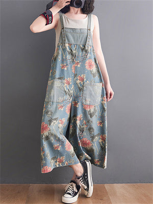 Summer Wide Leg Overalls Women's Floral Printed Denim Jumpsuits