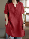 V Neck Short Sleeve Pullover Relaxed Linen Shirt for Female