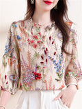 Ladies Ruffle Collar Lantern Sleeve 3D Floral Design Shirt