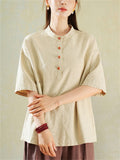 Female Simple Stand Collar Short Sleeve & Long Sleeve Linen Shirts