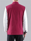 Men's Stand Collar Knot Button Patch Pocket Plain Linen Vest