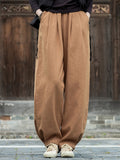 Women's Zen Style Warm Plush Lined Linen Long Pants for Winter