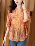 Retro Orange Paisley Print V Neck Half Sleeve Shirt for Women