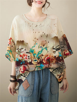 Women's Casual Round Neck Half Sleeve Oversized Print Shirt