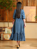 Ladies Elegant Scoop Neck High-Rise Ruffled Hem Denim Dress