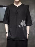 Lotus Flower Dragonfly Embroidered Men's Half Sleeve Shirts