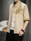 Chinese Style Hanfu Men's Golden Dragon Embroidery Knot Button Shirt