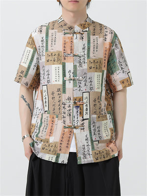 Chinese Style Hanzi Print Color Block Button Shirt for Men