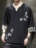 Men's Retro White Crane Embroidery V Neck 3/4 Sleeve Shirt