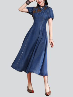 Women's Retro Neckline Embroidery Mid Length A-Line Denim Dress