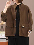 Ladies Simple Stand Collar Pocket Button Up Jacket