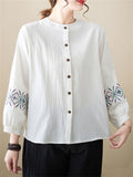 Women's Ethnic Embroideried Lantern Sleeve Stand Collor Button Linen Shirt