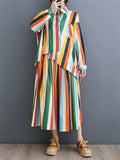 Rainbow Stripes Irregular Hem Lapel Shirt + Swing Skirt for Women