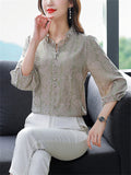 Elegant Puff Sleeve Floral Pattern Faux Silk Shirt for Women