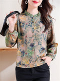 Women's Ginkgo Leaf Print Pleated Collar Long Sleeve Retro Green Shirt