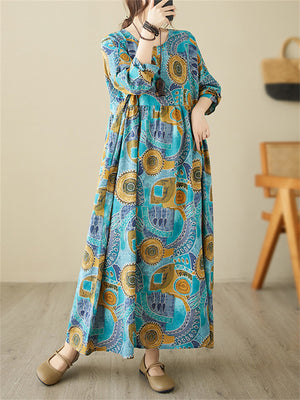 Female Tree Rings Meadows Printed Round Neck Maxi Dress