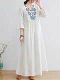 Cotton Linen 3/4 Sleeve V-neck Dress for Women