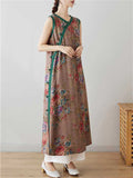 Chinese Style V-Neck Floral Print Sleeveless Cheongsam Dress