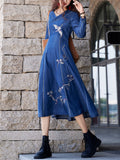 Women's Flying Bird Embroidery V-Neck Blue Denim Dress