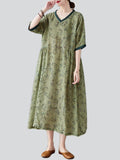 Female Retro Print V Neck Short Sleeve Linen Loose Dress