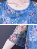 Elegant Round Neck Floral Print Smooth Chiffon Shirt for Lady