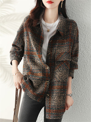 British Style Plaid Lapel Chest Pocket Woolen Jacket for Female