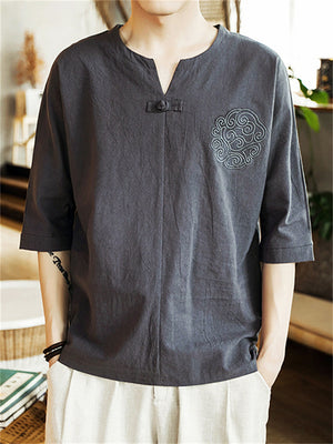 Male Auspicious Cloud Embroidered Button Trim Vintage Shirt