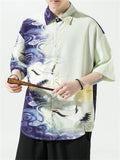 Fish Crane Mountain Print Summer Button T-shirt for Men