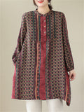 Female Ethnic Print Round Neck Long Sleeve Linen Shirt