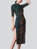 Women's Classy Stand Collar Half Sleeve High Split Jacquard Qipao