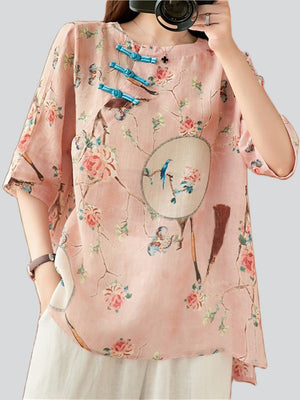 Ladies Chinese Style Tasseled Tuanshan Bird Floral Print Shirts