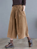 Simple Elastic Waist Corduroy Cropped Pants for Women