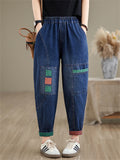 Female Two-color Patch Elastic Waist Spring Summer Jeans