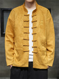 Men's Unique Hanzi Embroidery Knot Button Faux Suede Jacket