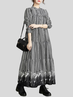 Women's French Style Stripe Zebra Print Long Dress