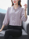 Elegant Puff Sleeve Floral Pattern Faux Silk Shirt for Women