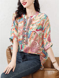 Colored Drawing Print V Neck Half Sleeve Rhinestone Shirt for Lady