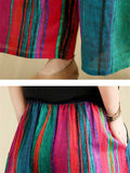 Multicolor Stripe Ethnic Style Linen Wide Leg Pants for Women