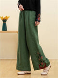 Ethnic Side Floral Embroidery Straight-Leg Pants for Women