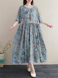 Women's Peach Blossom Print Round Neck Half Sleeve Cotton Dress