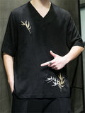 Men's Casual Cozy Smooth Leaf Embroidery Short Sleeve Shirt