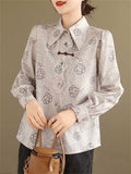 Elegant Vintage Rose Print Lapel Long Sleeve Shirt for Lady