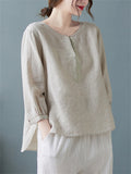 Plain Scoop Neck 3/4 Sleeve Female Cozy Linen Shirt