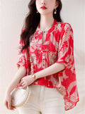 V Neck Tassel Button Floral Print Breathable Shirt for Lady