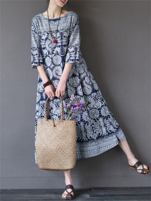 Lady Ethnic Style Printed Round Neck 3/4 Sleeve Dress