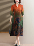 Retro Lotus Leaf Print V Neck Half Sleeve Dress for Lady